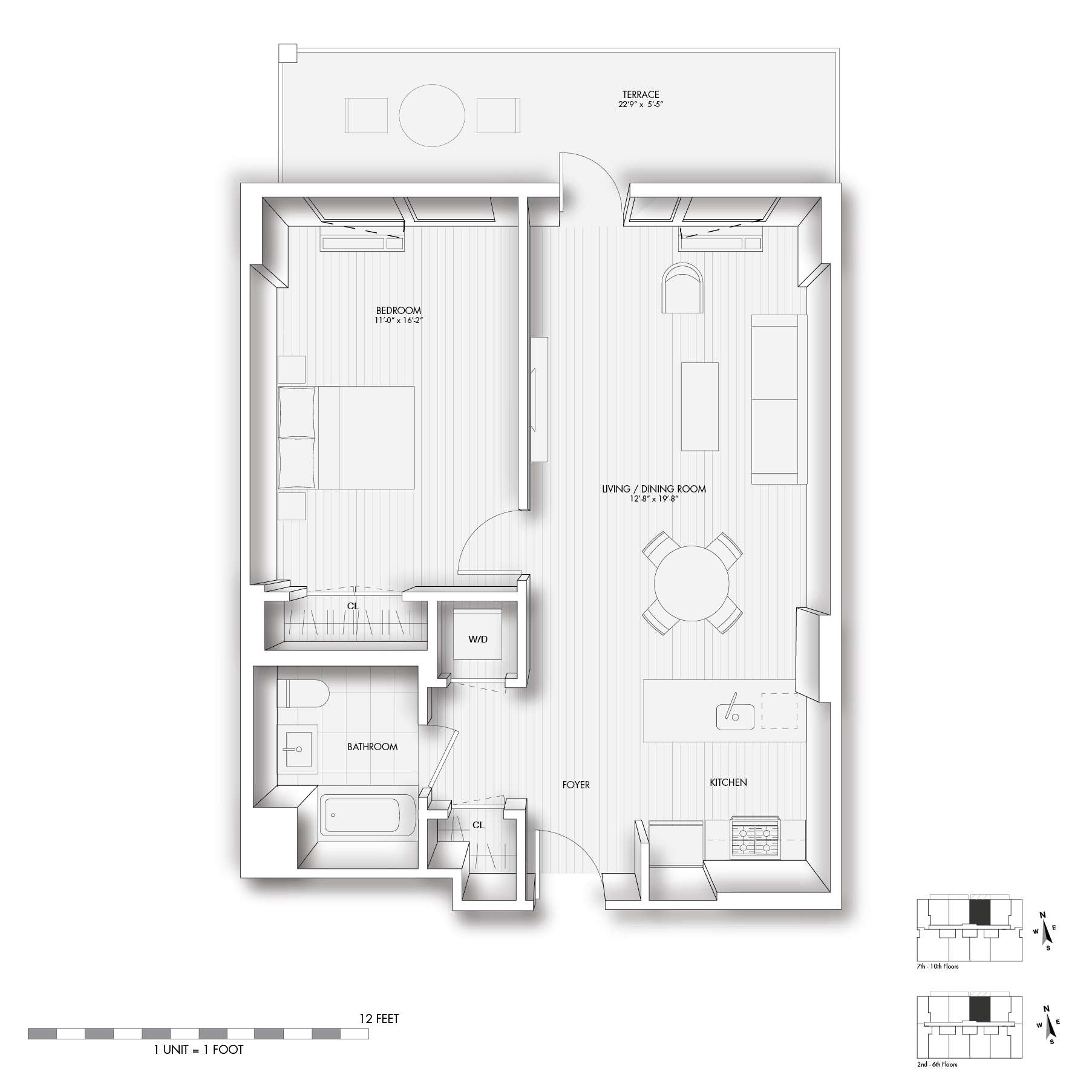 Floor plan for 1 bed, 1 bath, 707 sqft